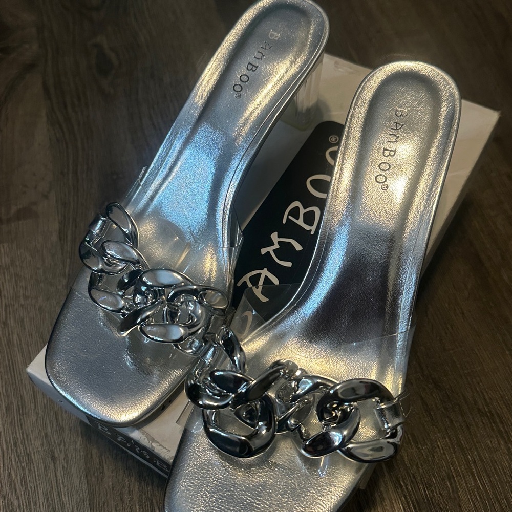 BAMBOO Silver Chain Accent Heels